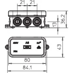 Technische Zeichnung: OBO Bettermann Kabelabzweigkasten A6, 80x43x36mm, mit Maßangaben.