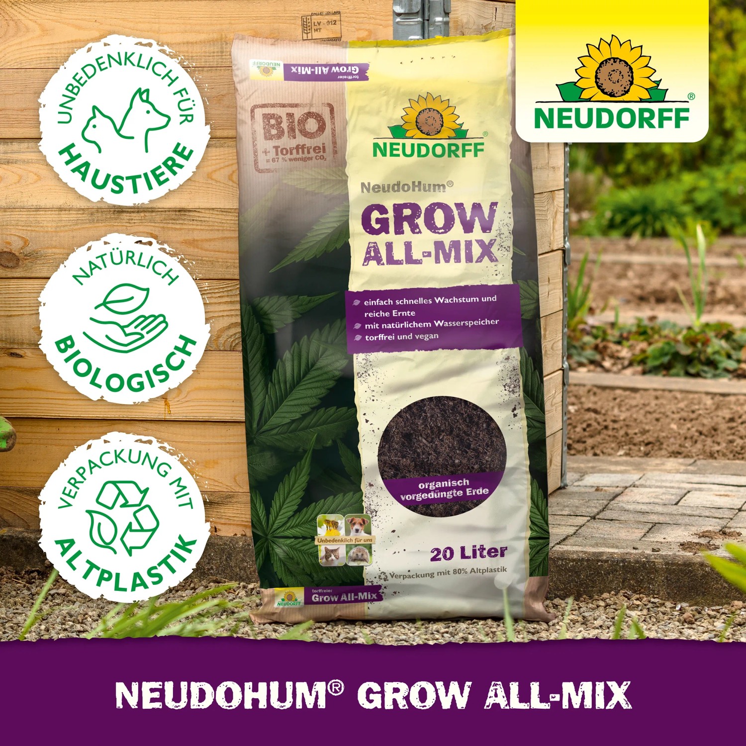 Sack Neudorff Neudohum Grow All-Mix Pflanzerde, torffrei, 20 l für schnelles Wachstum.