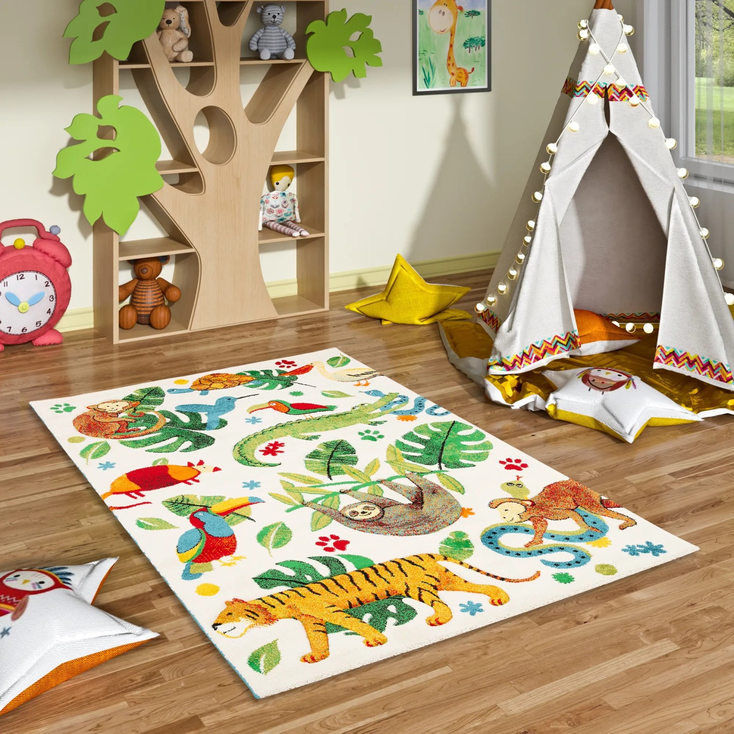Bunter Pergamon Kinderteppich Maui Kids Urwald 120x170cm mit Tiermotiven im Kinderzimmer.