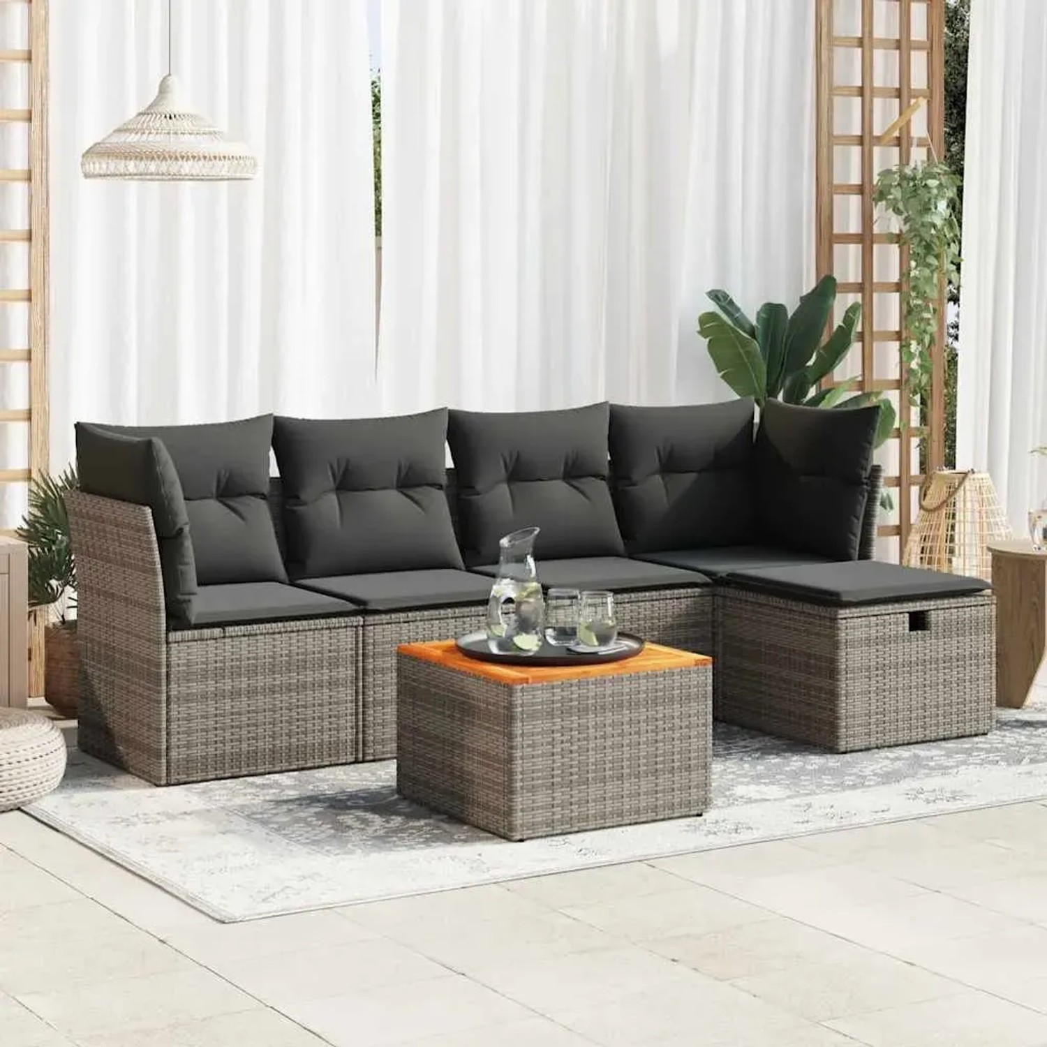 Graue 6-tlg. vidaXL Garten-Sofagarnitur aus Rattan mit Kissen und Tisch für Terrasse und Garten.