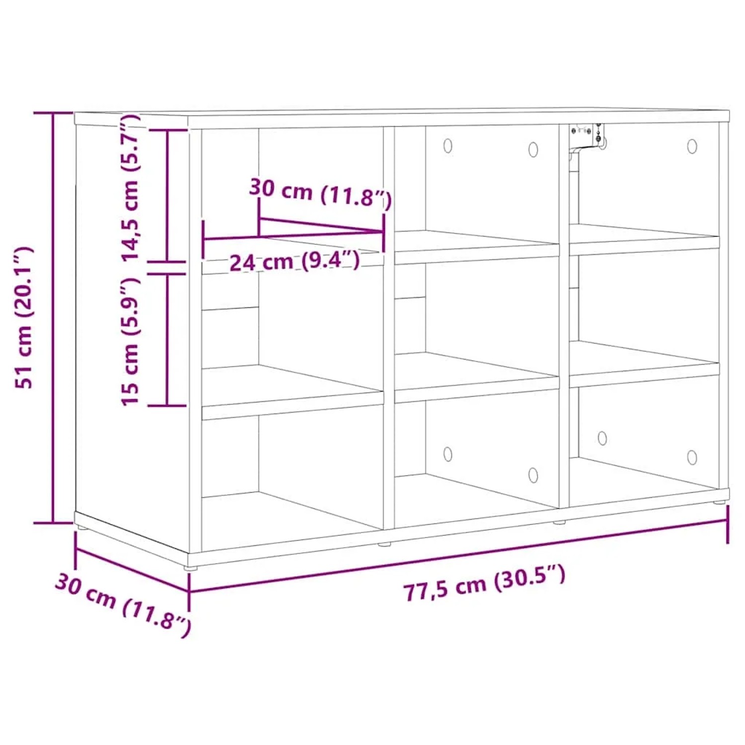 vidaXL Schuhschrank weiß, Holzwerkstoff, 9 Fächer. Maße: 77,5x30x51 cm. Technische Zeichnung.