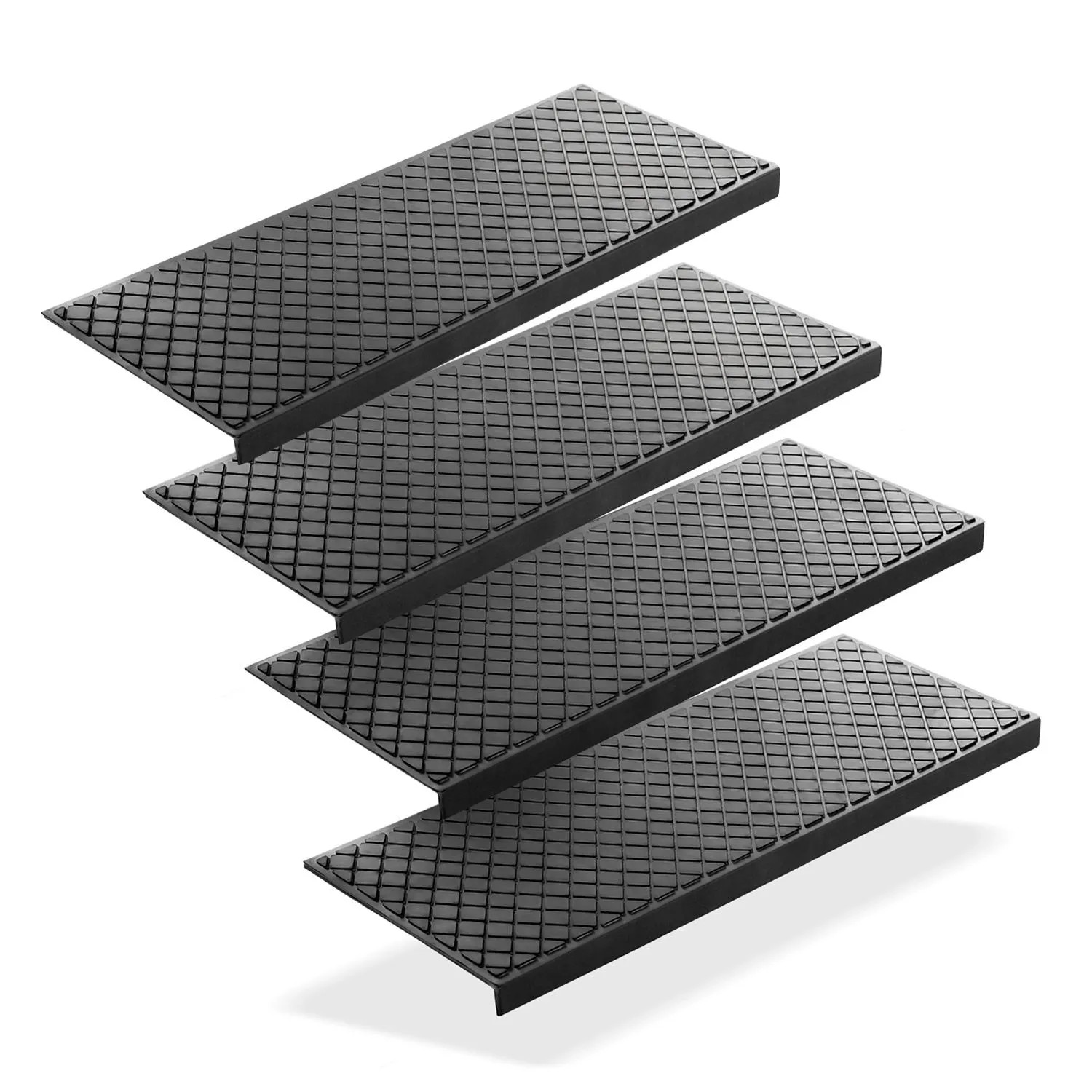 Vier schwarze BigDean Gummi-Stufenmatten 75x25cm mit Rautenmuster, Anti-Rutsch für Outdoor Treppen.