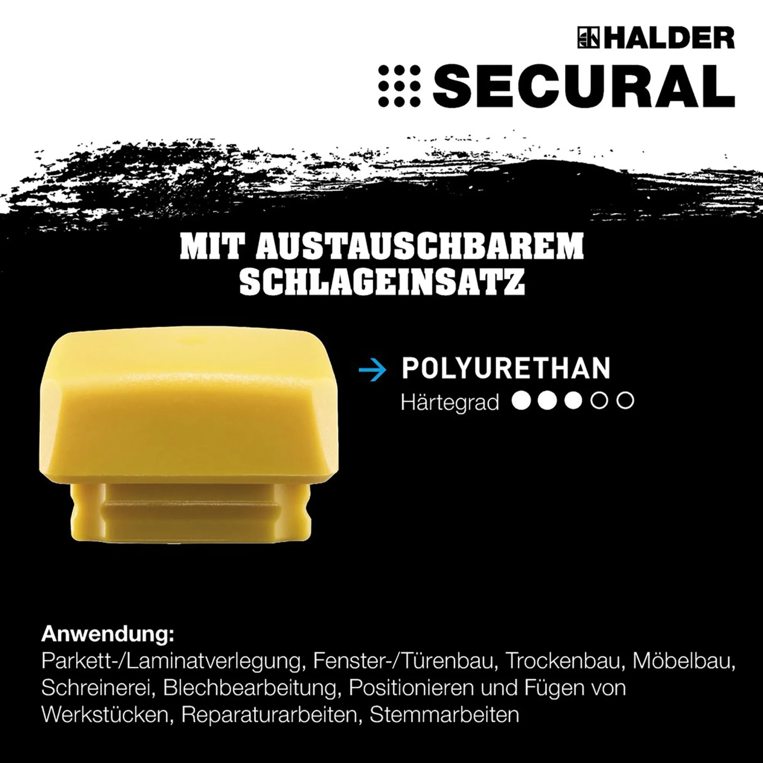Gelber Polyurethan-Schlageinsatz für Halder Secural Schonhammer, rechteckig, mittlere Härte.
