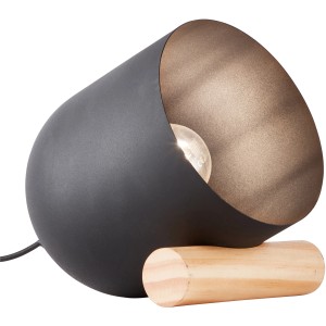 Schwarze Brilliant Tischlampe Koji mit Holzfuß, eine moderne Leselampe im Neo Retro Design.