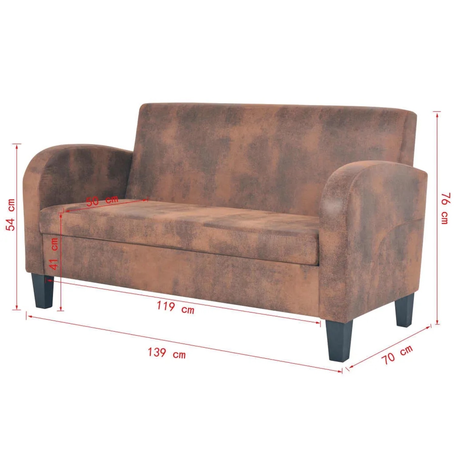 Braunes 2-Sitzer Sofa aus Veloursleder mit Maßangaben.