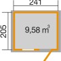 Grundriss Gartenhaus 123, Satteldach, 241x205 cm, 9,58 m³ Volumen.