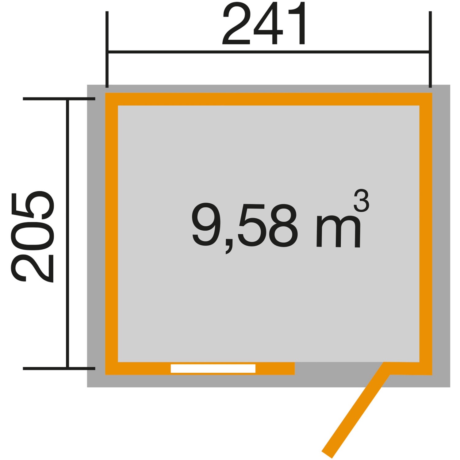 Grundriss Gartenhaus 123, Satteldach, 241x205 cm, 9,58 m³ Volumen.