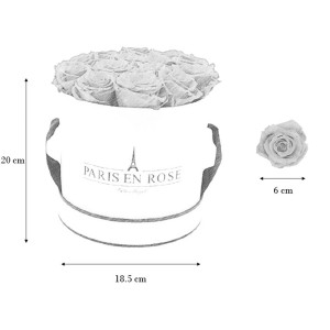 Rosenbox Weiß-Silber mit 14 roten Rosen (Ø 19cm). Ewige Rosen, ca. 6cm Durchmesser.