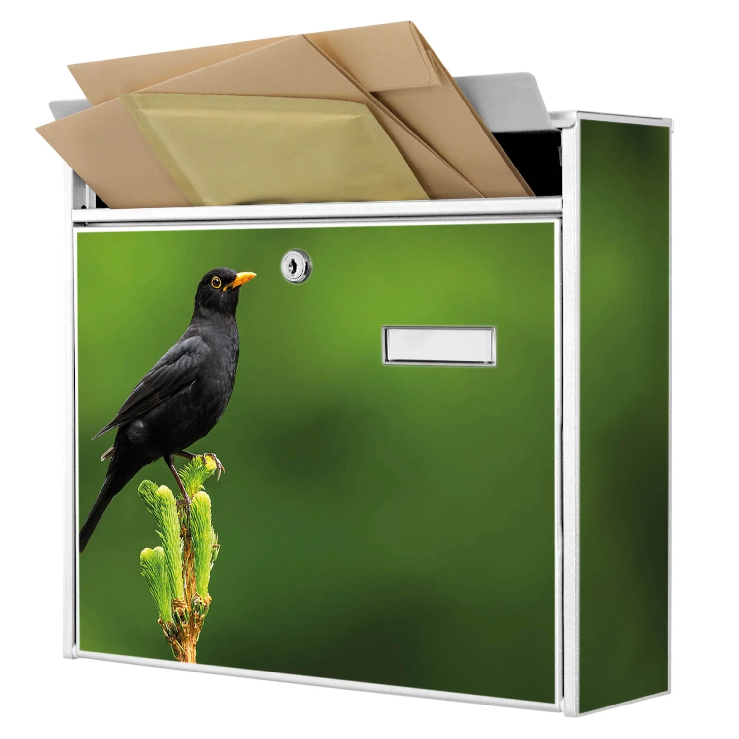 Weißer Banjado Briefkasten mit Vogelmotiv, inkl. Montagematerial und Schlüsseln. Ideal für A4 Sendungen.