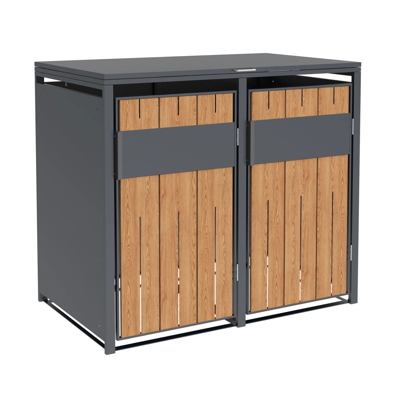 Westmann Mülltonnenbox Varius 2 für 2 Tonnen, anthrazitfarbenes Metall mit Holzoptik-Fronten.