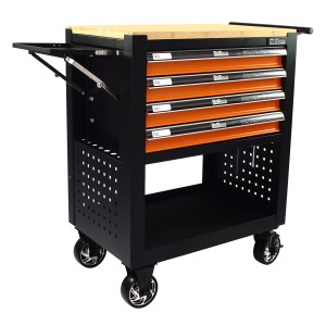 Oranger TRUTZHOLM Werkstattwagen mit 4 Schubladen, Hartholz-Arbeitsplatte und seitlicher Ablage.