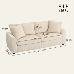Cremeweißes HOMCOM 3-Sitzer-Sofa aus Cordstoff, 212x80x88 cm, mit Zierkissen und 450 kg Belastbarkeit.