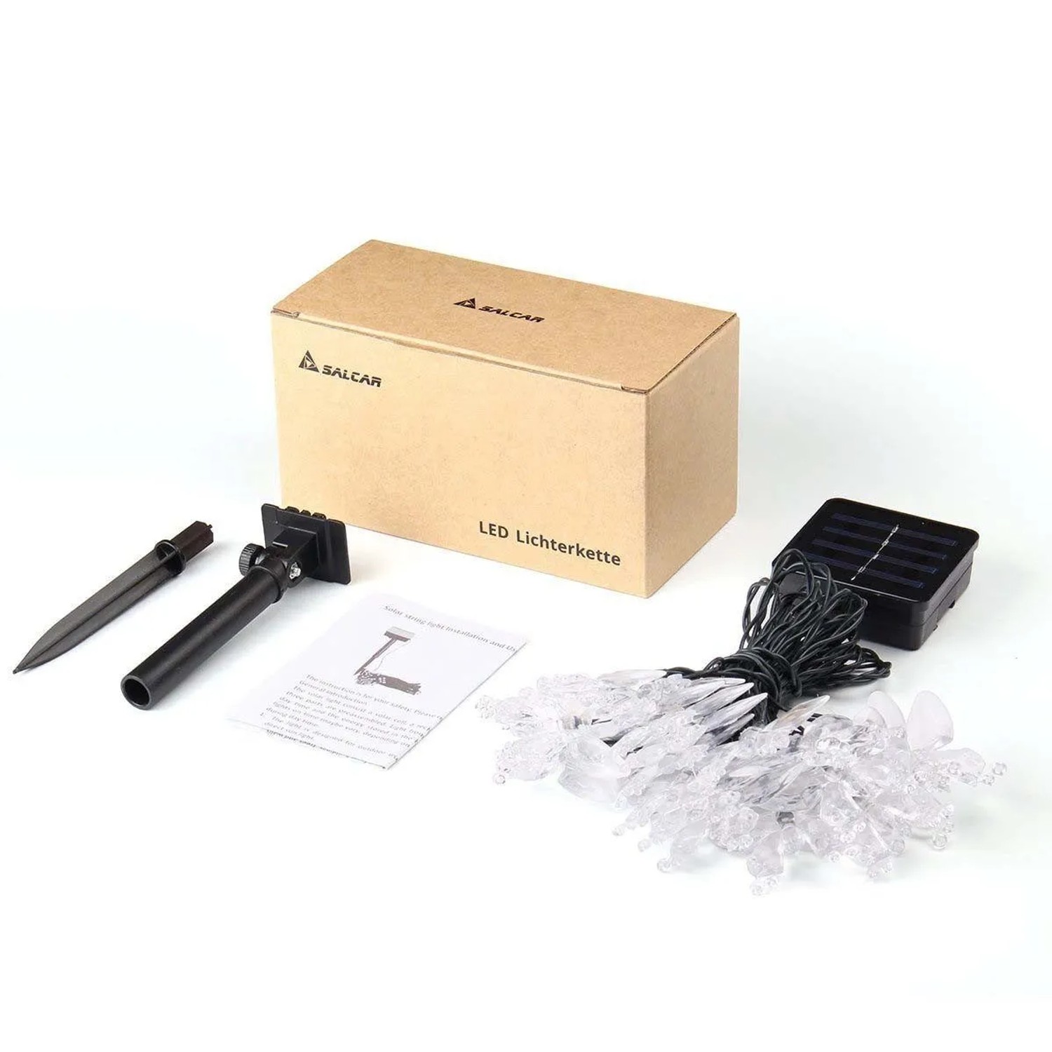 Salcar LED Solar Schmetterling-Lichterkette mit Solarpanel, Erdspieß und klarer Schmetterlingsform für Außenbeleuchtung.