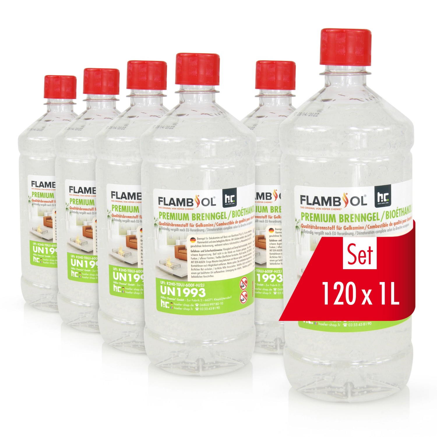 Set aus mehreren Flaschen Flambiol Premium Brenngel, 1 Liter, für Kamine und Öfen.