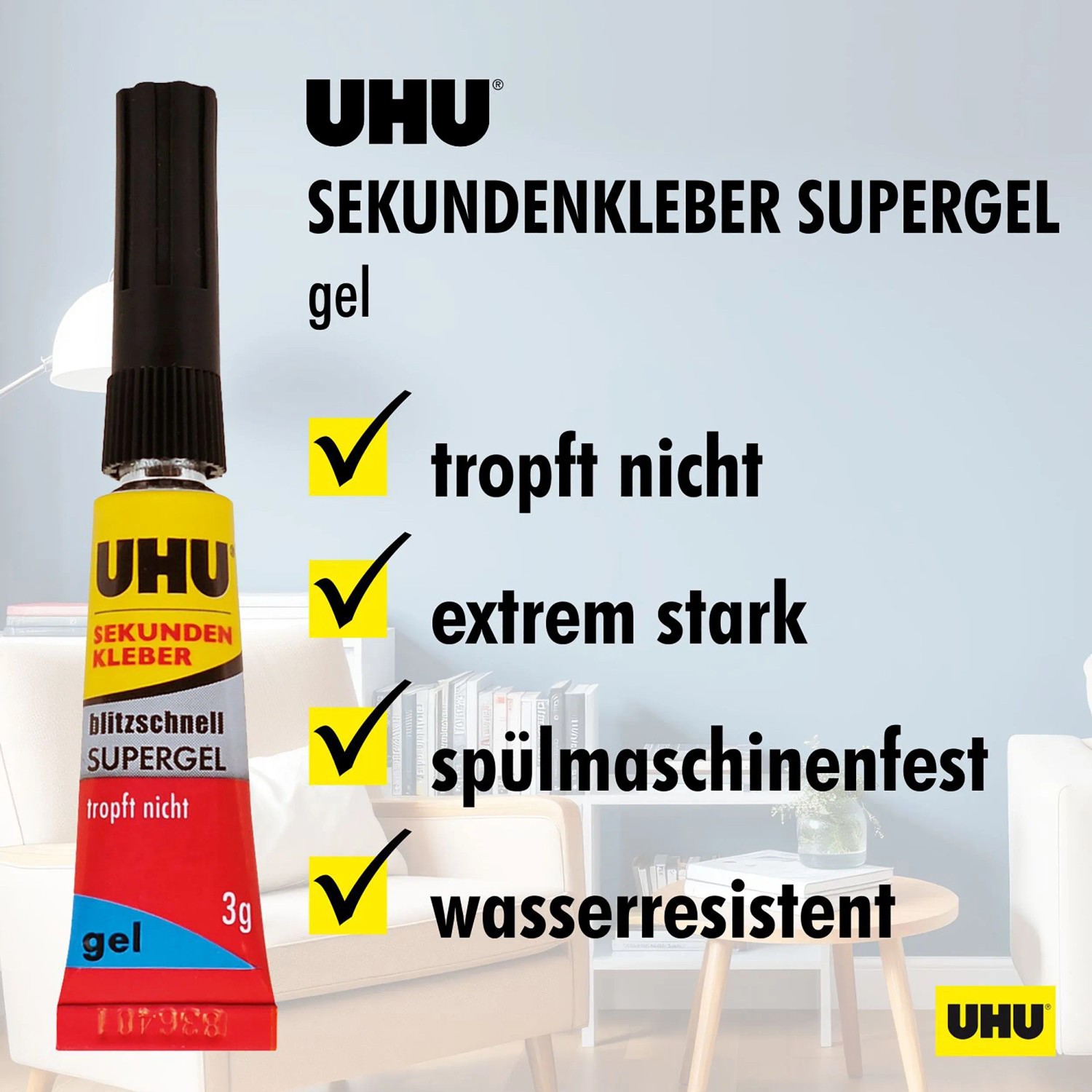 Uhu Sekundenkleber Supergel 3g Tube, tropffrei, extrem stark, spülmaschinen- und wasserfest.