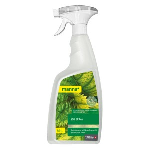 Manna SOS Blattpflegespray für gesunde, grüne Blätter im weißen Sprühflasche.