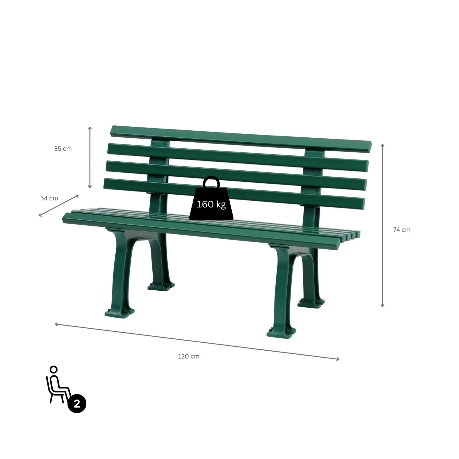 Grüne 2-Sitzer Gartenbank Antigua aus witterungsbeständigem Kunststoff, 120 cm breit.
