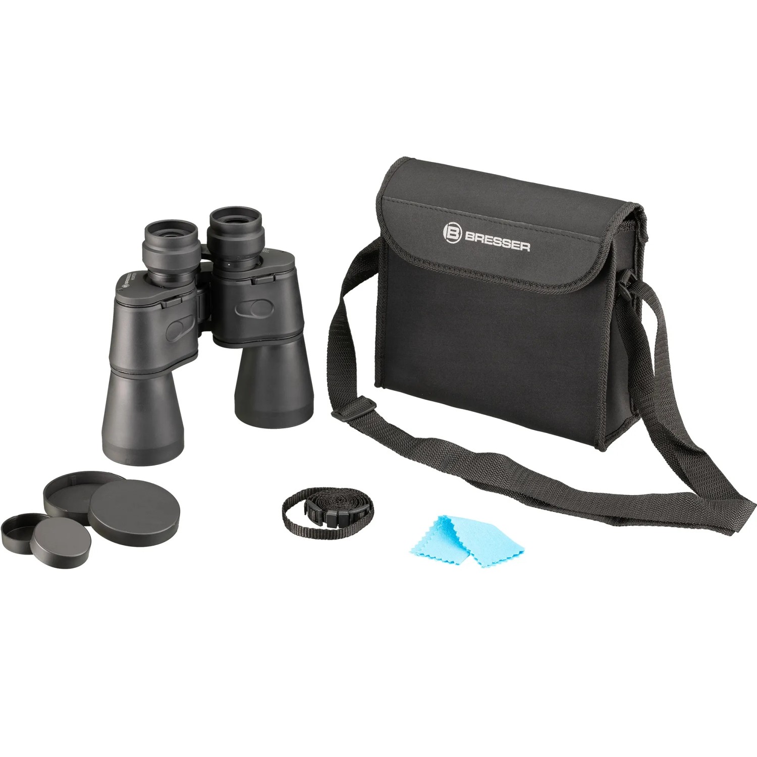 Schwarzes Bresser Hunter 10x50 Fernglas mit Tasche, Trageriemen und Zubehör.