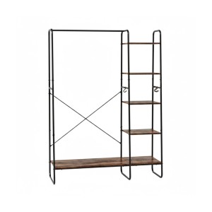 Freistehender Kleiderständer aus schwarzem Stahl mit Kleiderstange, 5 Ablagen in Holzoptik und Schuhablage. Garderobe Industrial Look.