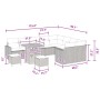 vidaXL Garten-Sofa-Set, 12-teilig, schwarz, Poly Rattan. Gartenmöbel mit Tisch und Hockern. Abmessungen sind eingezeichnet.