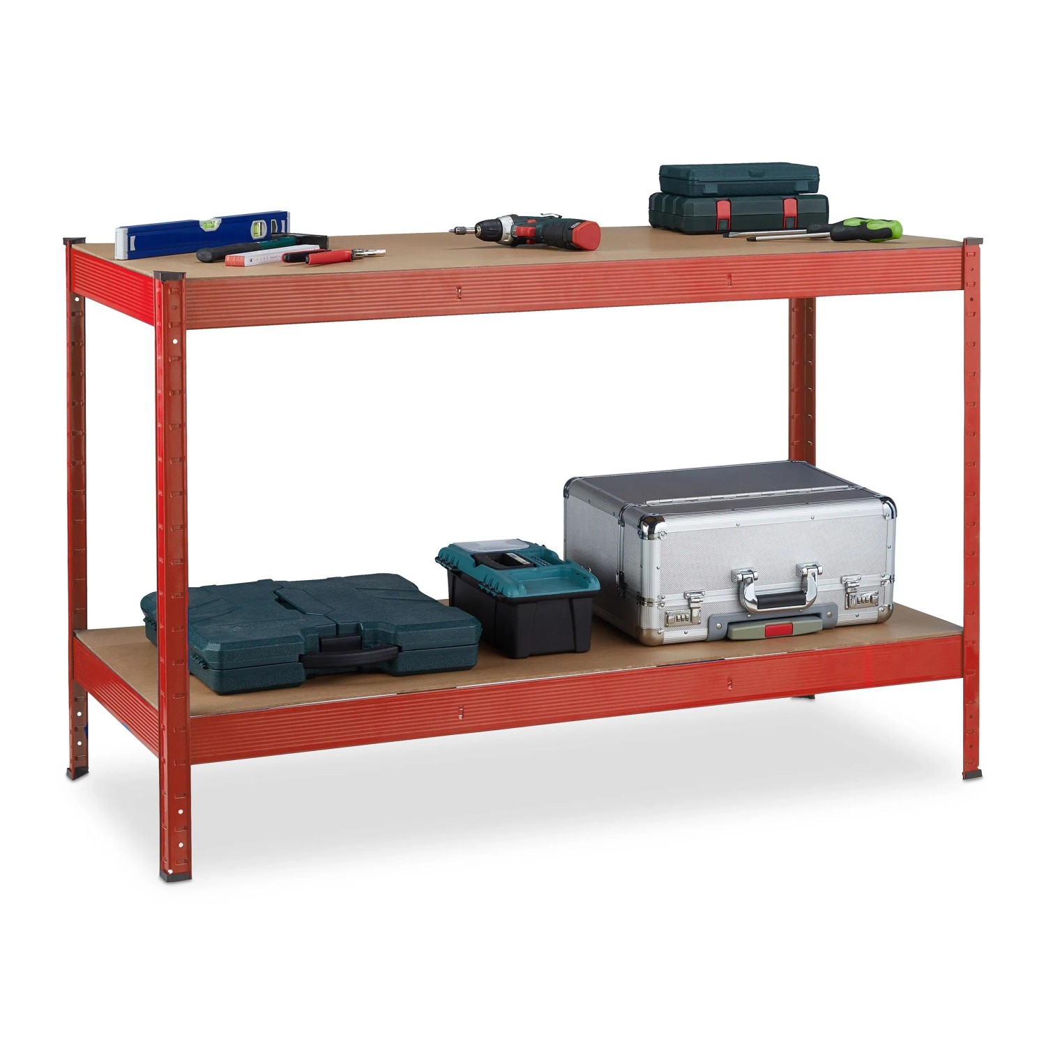 Relaxdays Werkbank 2 Ebenen Stahl Rot Natur 91 cm x 141 cm x 61 cm