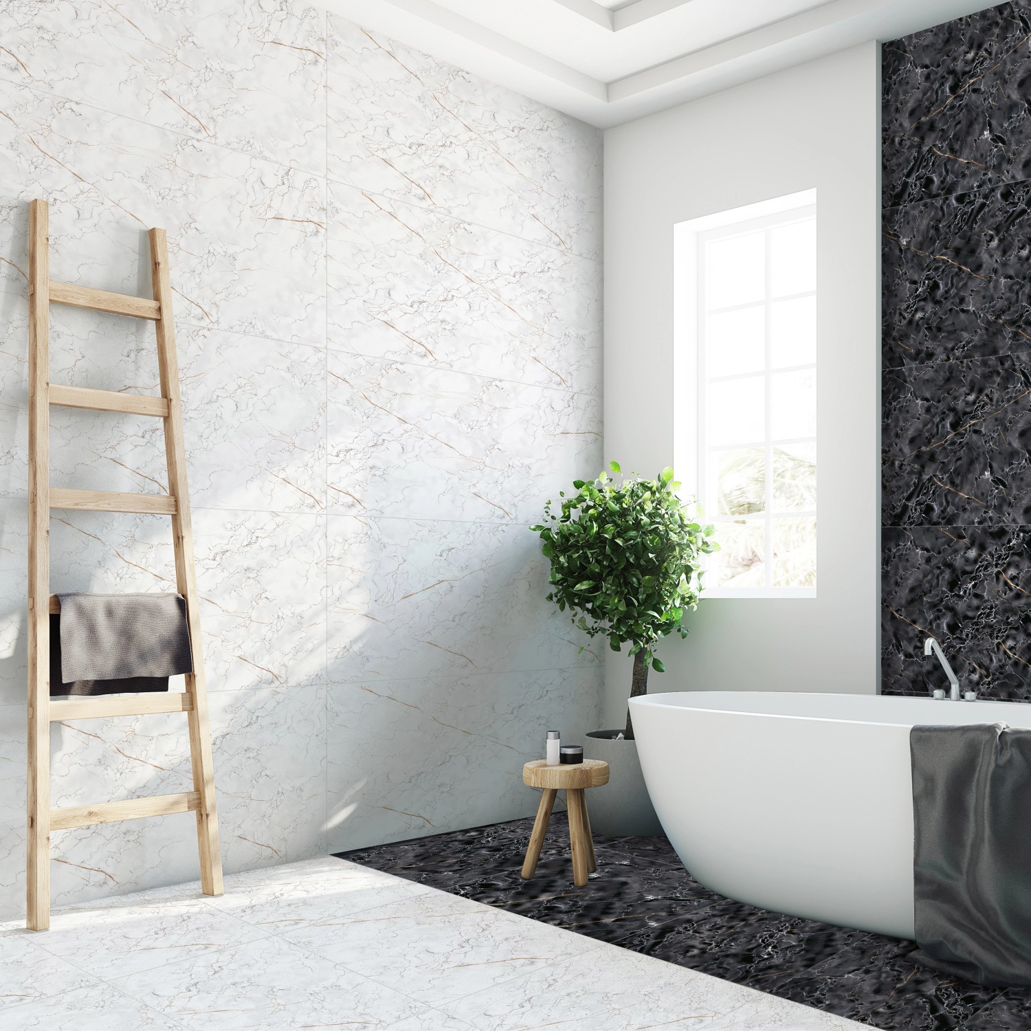 Badezimmer mit Bodenfliese Wave in Marmor White, Feinsteinzeug, poliert, 60x120 cm.