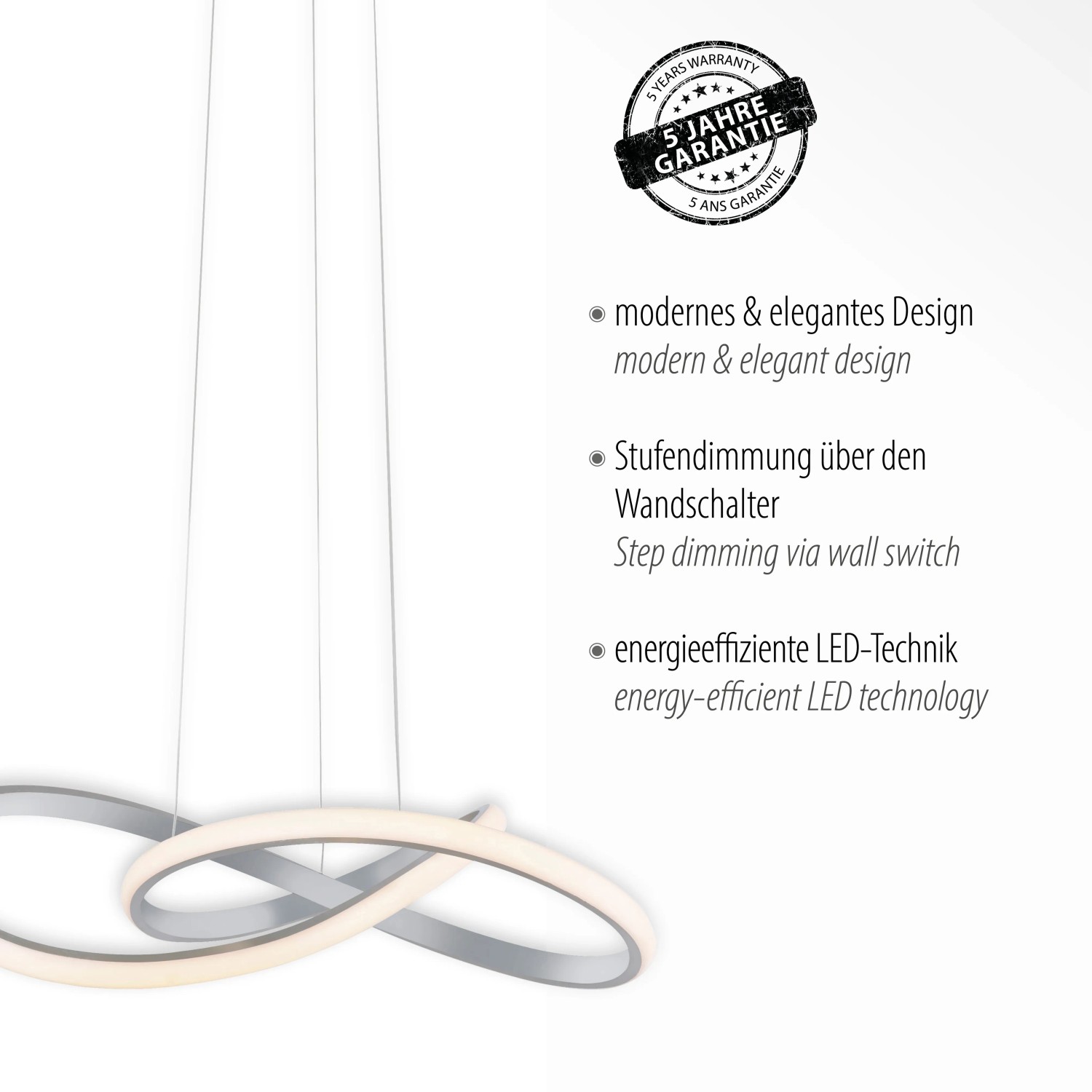 Moderne LED-Pendelleuchte Maria aus Aluminium, geschwungenes Design, dimmbar, 57x120 cm.