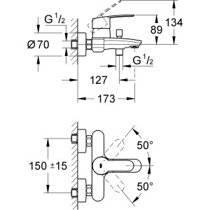 Technische Zeichnung: Grohe Eurostyle C Wannenarmatur mit Maßen und Wandmontage-Details.