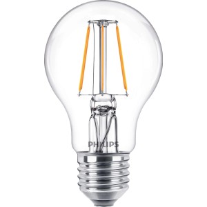 Philips LED-Lampe E27 in Glühlampenform, 4,3W, 470lm. Klares Glas, warmweißes Licht.