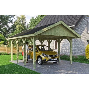 Satteldach-Carport Wallgau mit schwarzen Schindeln, Holzkonstruktion für PKW-Stellplatz.