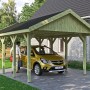 Satteldach-Carport Wallgau mit schwarzen Schindeln, Holzkonstruktion für PKW-Stellplatz.