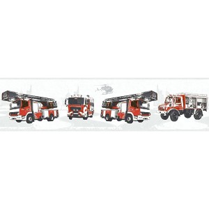 Kindertapete mit Feuerwehr-Motiven in Rot, Schwarz und Grau. Matte Oberfläche.