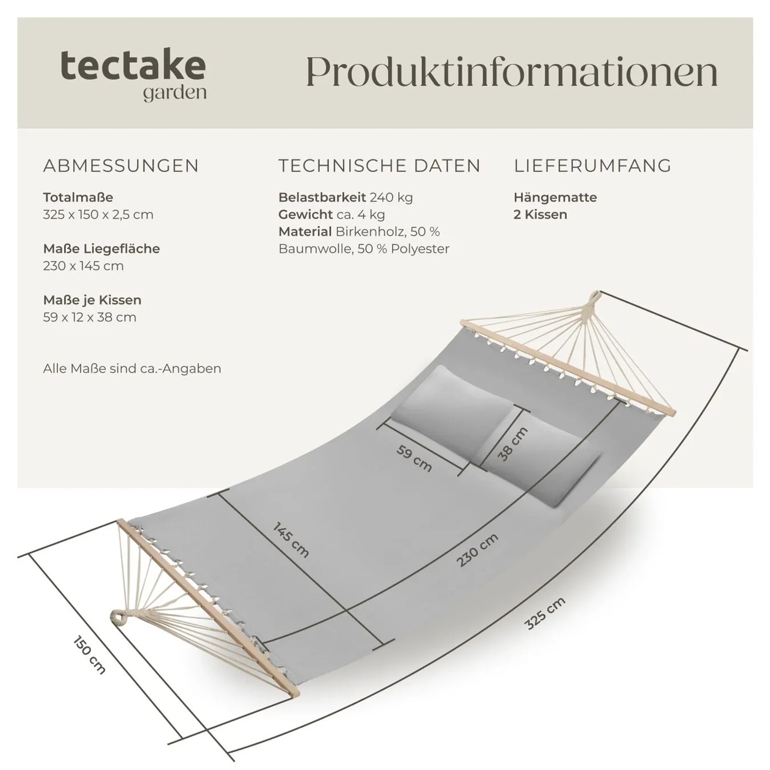 Tectake Hängematte Eden Mit Spreitzstäben  Für 2 Personen Strapazierfähiger Stoff  325 x 150 x 2 50 cm Hellgrau_6