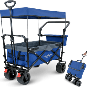 Faltbarer Bollerwagen von deluxe4home in Blau-Grau mit Dach und breiten Reifen. Ideal für Camping.