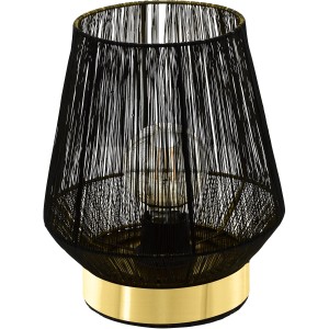 Eglo Tischleuchte Escandidos, Design-Tischlampe mit schwarzem Drahtschirm und goldfarbenem Fuß.