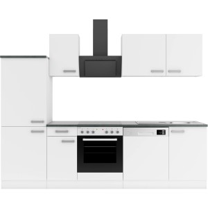 Moderne OPTIFIT Oslo214 Küchenzeile 270 cm in Weiß mit Elektrogeräten.
