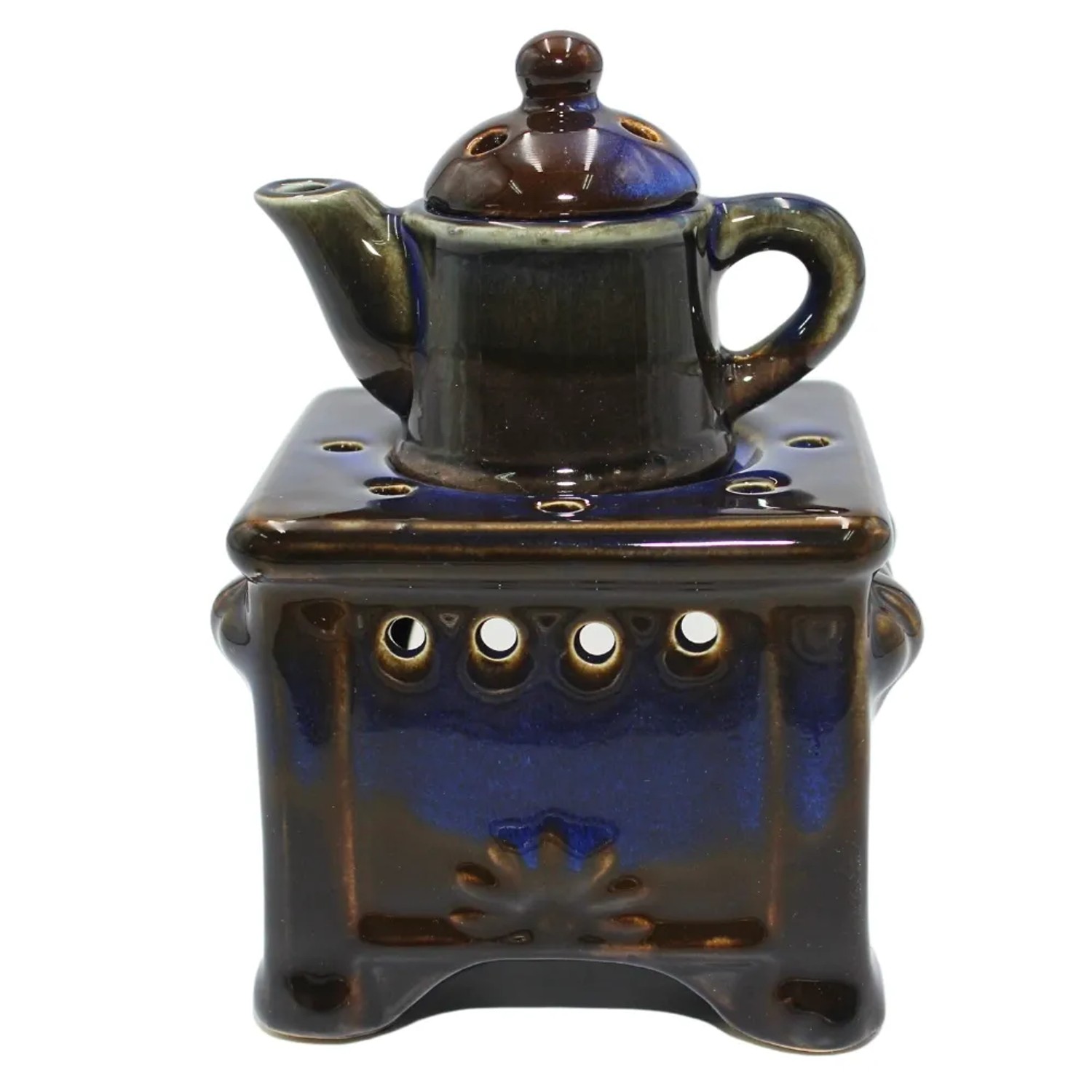 Dunkelblaue Keramik-Duftlampe als Herd mit Kanne. Glänzende Aromalampe für Duftöl und Teelicht. Kerzenhalter.