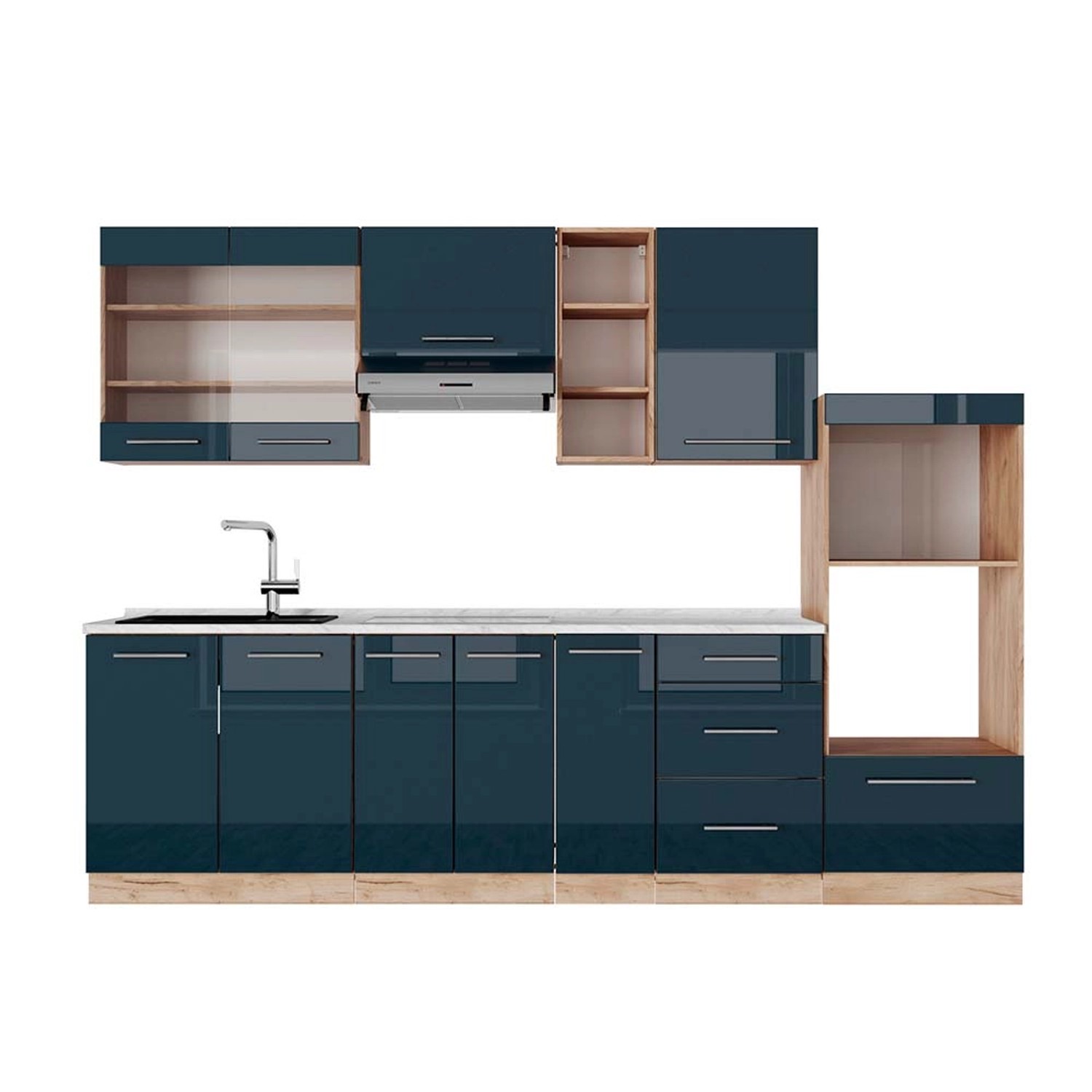 Vicco Fame-Line Küchenzeile Dunkelblau Hochglanz/Goldkraft Eiche 280 cm AP günstig online kaufen