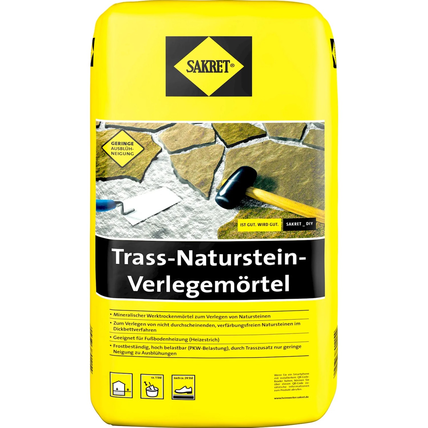 Sakret Trass-Natursteinverlegemörtel, grauer Trockenmörtel im 25 kg Sack für Naturstein, Palette mit 42 Säcken.