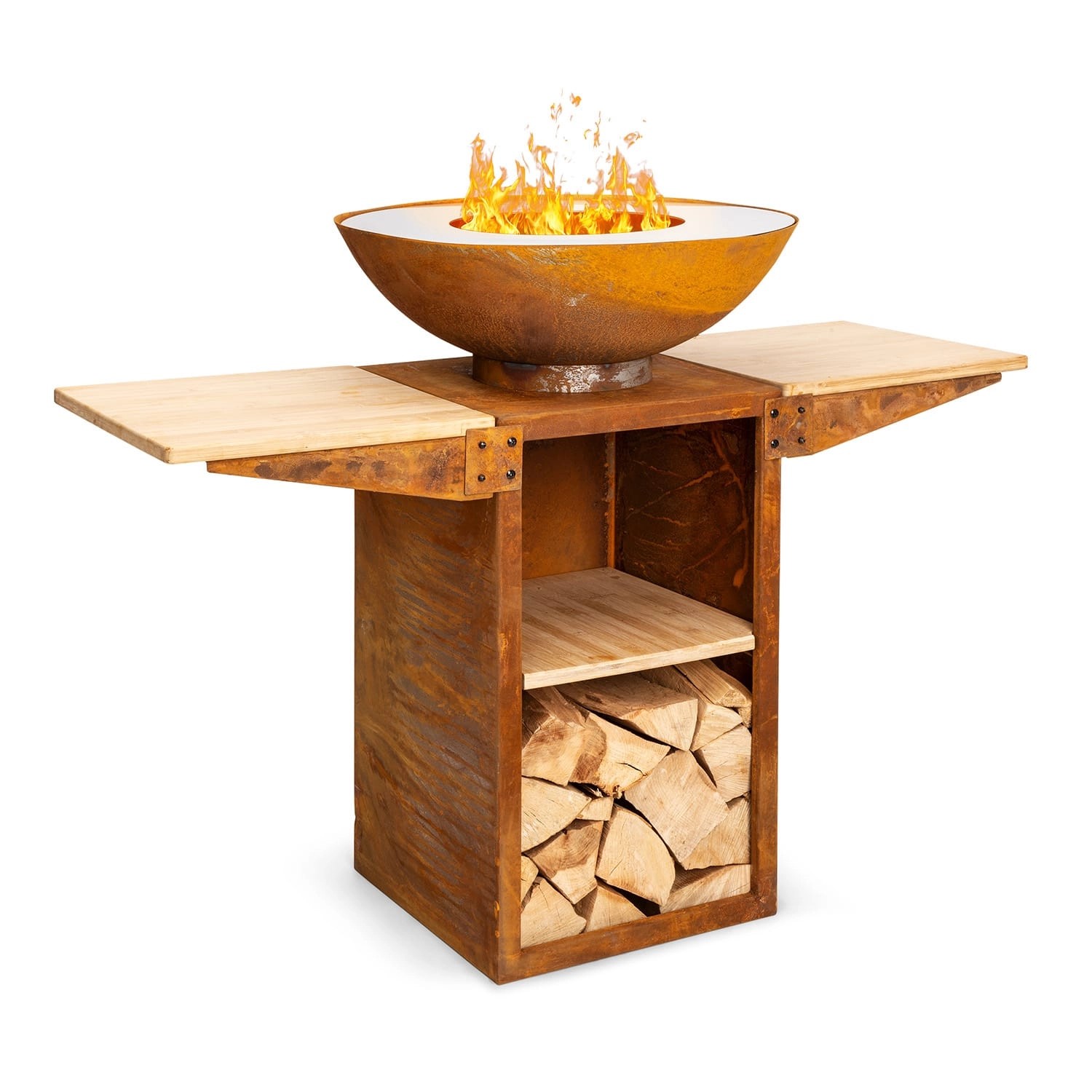 Blumfeldt Savage 2.0 Tall Feuerschale mit Grill Bambus-Seitentische Wetterschutz Braun Rost
