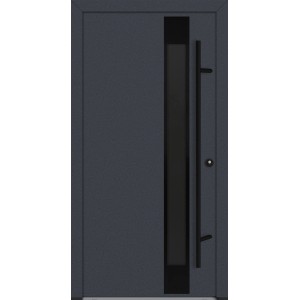 Anthrazitfarbene Haustür AS68 mit Edelstahlgriff, Glaseinsatz und Beschlägen.