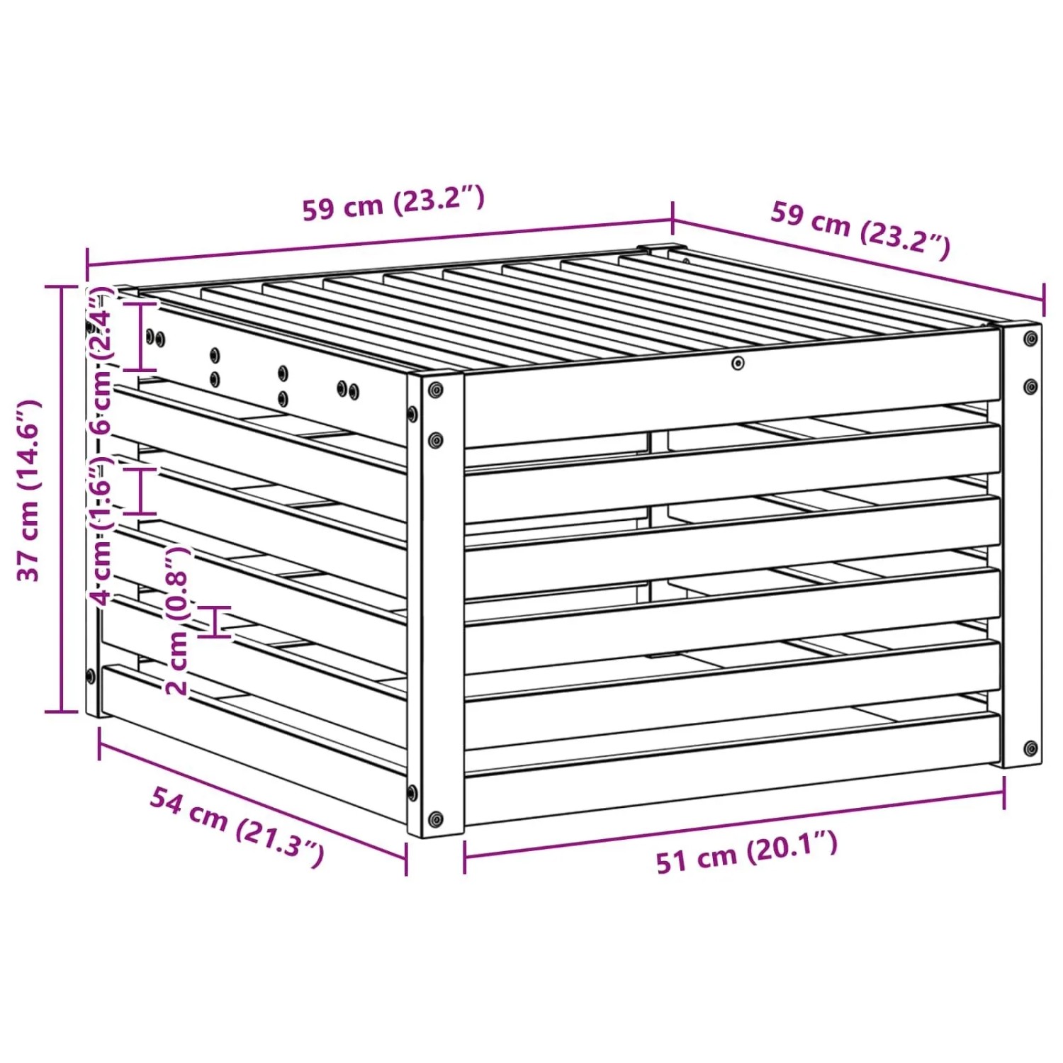 vidaXL Outdoor-Fußhocker aus naturfarbenem Akazienholz, Latten-Design, mit Maßen 59x59x37 cm.