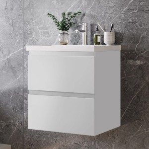 AICA Waschtisch mit Unterschrank, 50 cm, weiß matt, mit zwei Schubladen und Mineralgussbecken.