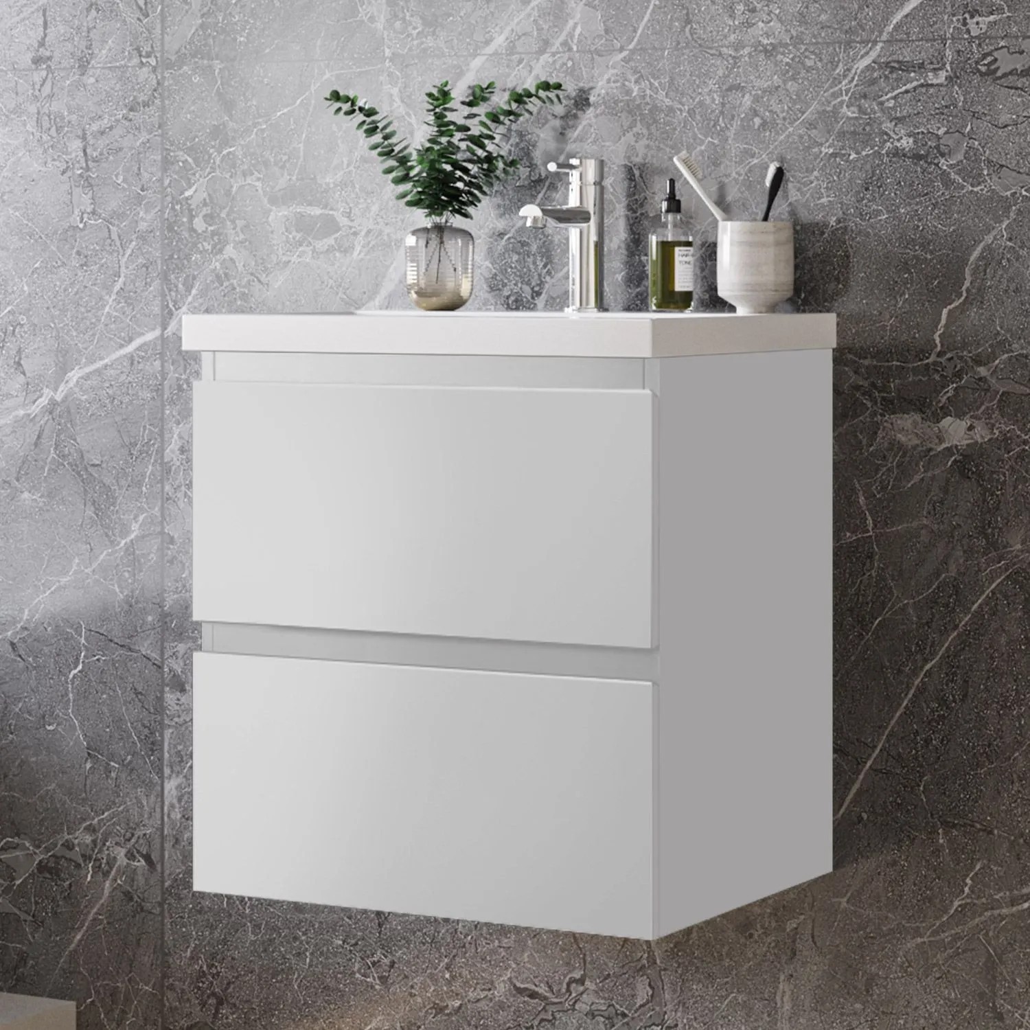 AICA Waschtisch mit Unterschrank, 50 cm, weiß matt, mit zwei Schubladen und Mineralgussbecken.