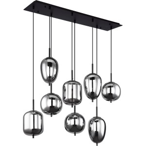 Moderne, 8-flammige Globo Pendelleuchte Blacky mit rauchfarbenen Gläsern und schwarzem Metall.