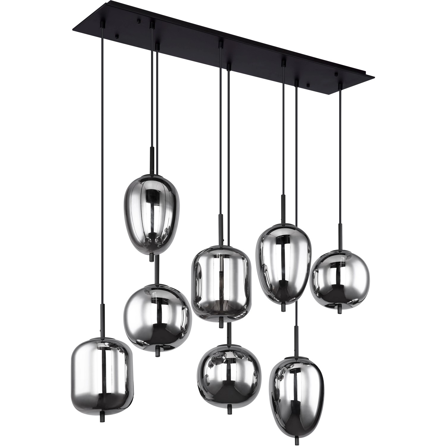 Moderne, 8-flammige Globo Pendelleuchte Blacky mit rauchfarbenen Gläsern und schwarzem Metall.