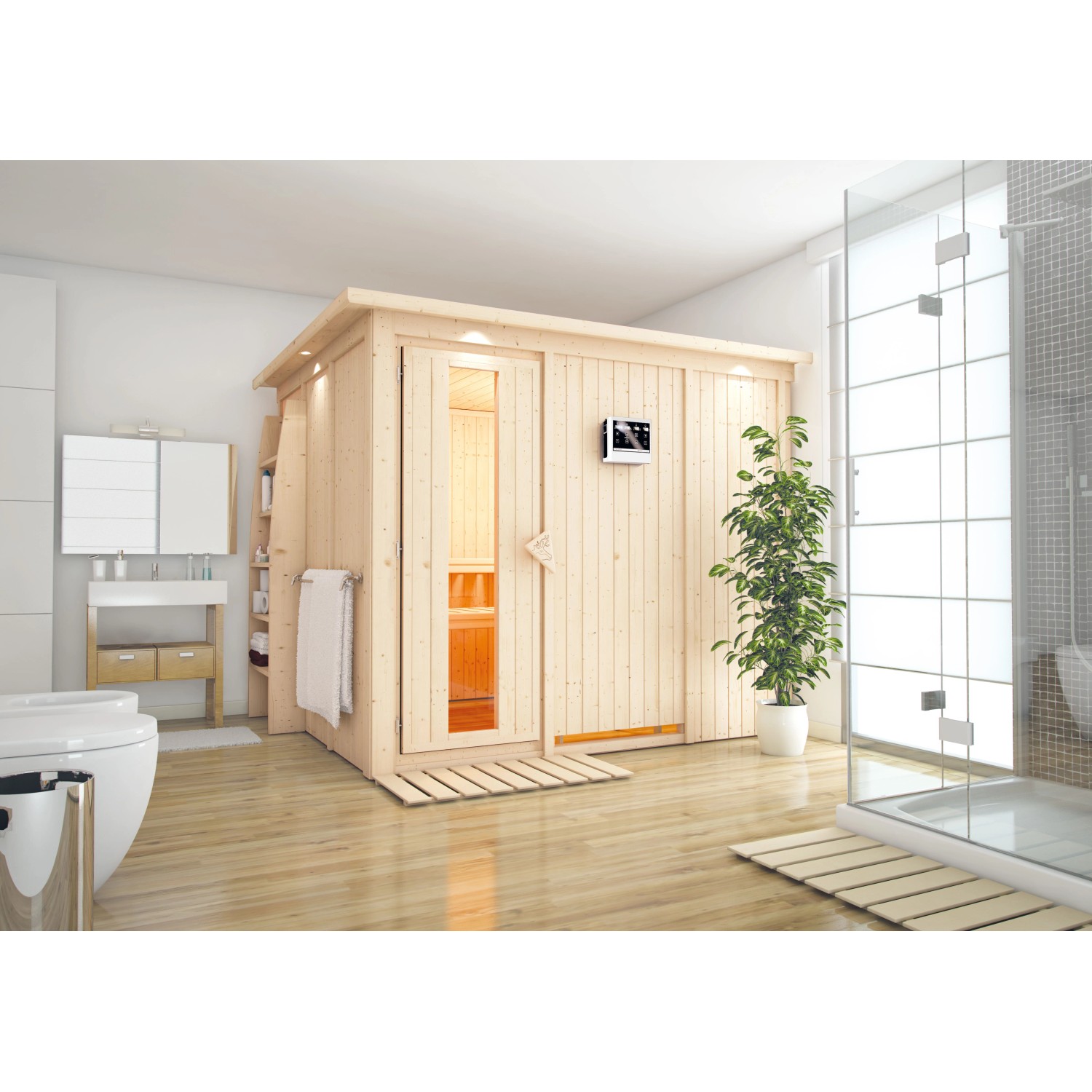 Karibu Sauna Gunda mit Bio-Ofen externe Stg.LED-Dachkranz Natur