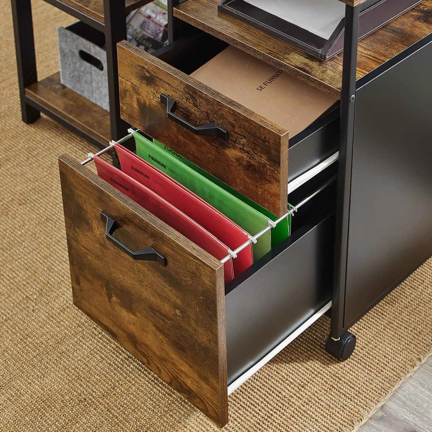 Vasagle Aktenschrank mit Schubladen, Stahlgestell, braun-schwarz, für Büroorganisation.