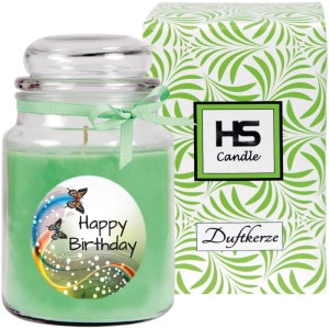 HS Candle Duftkerze Happy Birthday Bonbon Coconut Limes im Glas mit Geschenkverpackung.