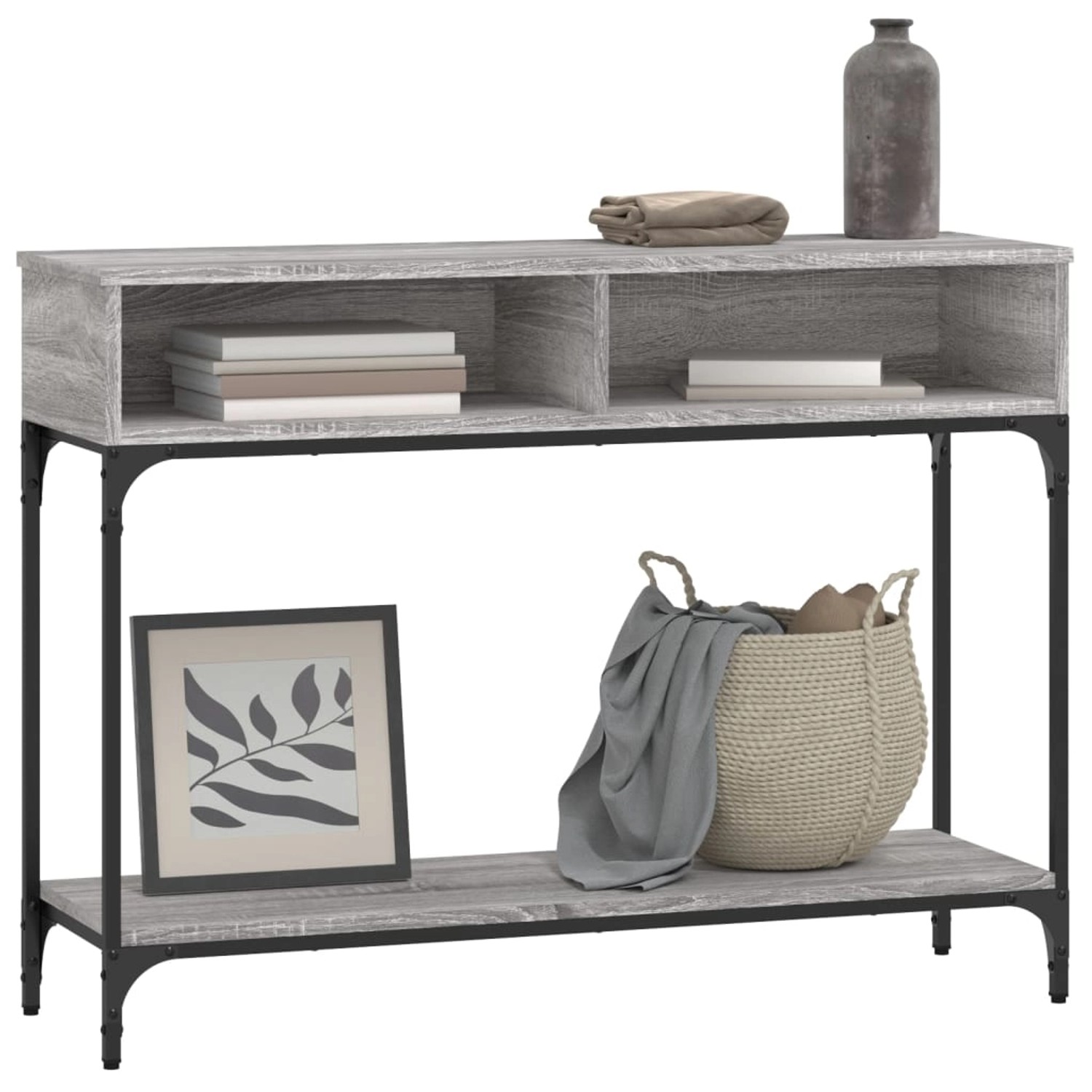 vidaXL Konsolentisch, Grau Sonoma, 100x30,5x75 cm, Holzwerkstoff mit Ablagen und Metallgestell.